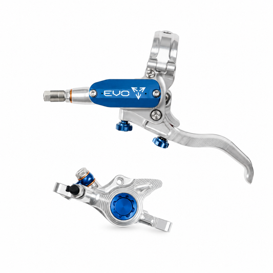 Freno HOPE TECH 4 EVO X2 PM argento/blu — leva e pinza su sfondo bianco