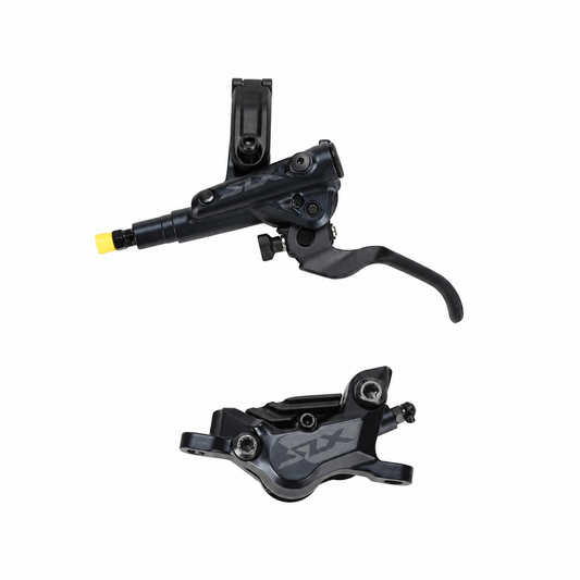 Freno SHIMANO SLX M7120 a 4 pistoni J-Kit con pastiglie ventilate — leva e pinza su sfondo bianco