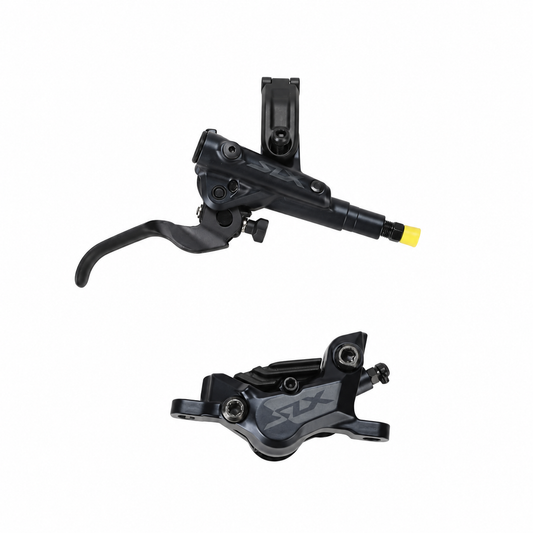 Freno SHIMANO SLX M7120 a 4 pistoni J-Kit con pastiglie ventilate — leva e pinza su sfondo bianco
