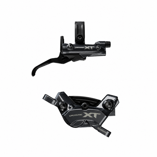 Freno SHIMANO XT M8220 Enduro a 4 pistoni — leva e pinza su sfondo bianco
