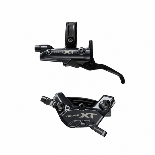Freno SHIMANO XT M8220 Enduro a 4 pistoni — leva e pinza su sfondo bianco