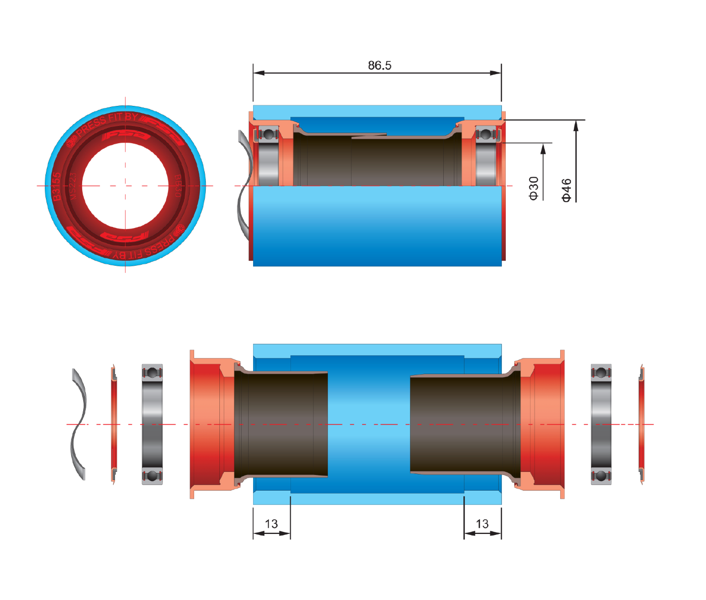 Movimento centrale FSA PF30 BB30/BB386 Asse 30mm 68-86,5mm