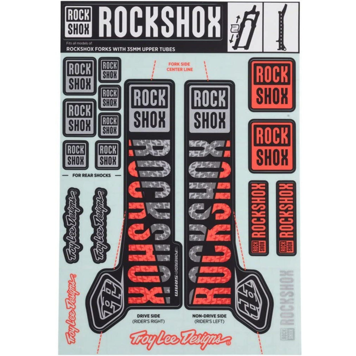 Kit adesivi per forcella ROCKSHOX TROY LEE DESIGNS 35 mm MY18 per PIKE/LYRIK/YARI/DOMAIN/REVELATION argento/arancione #00.4318.021.001