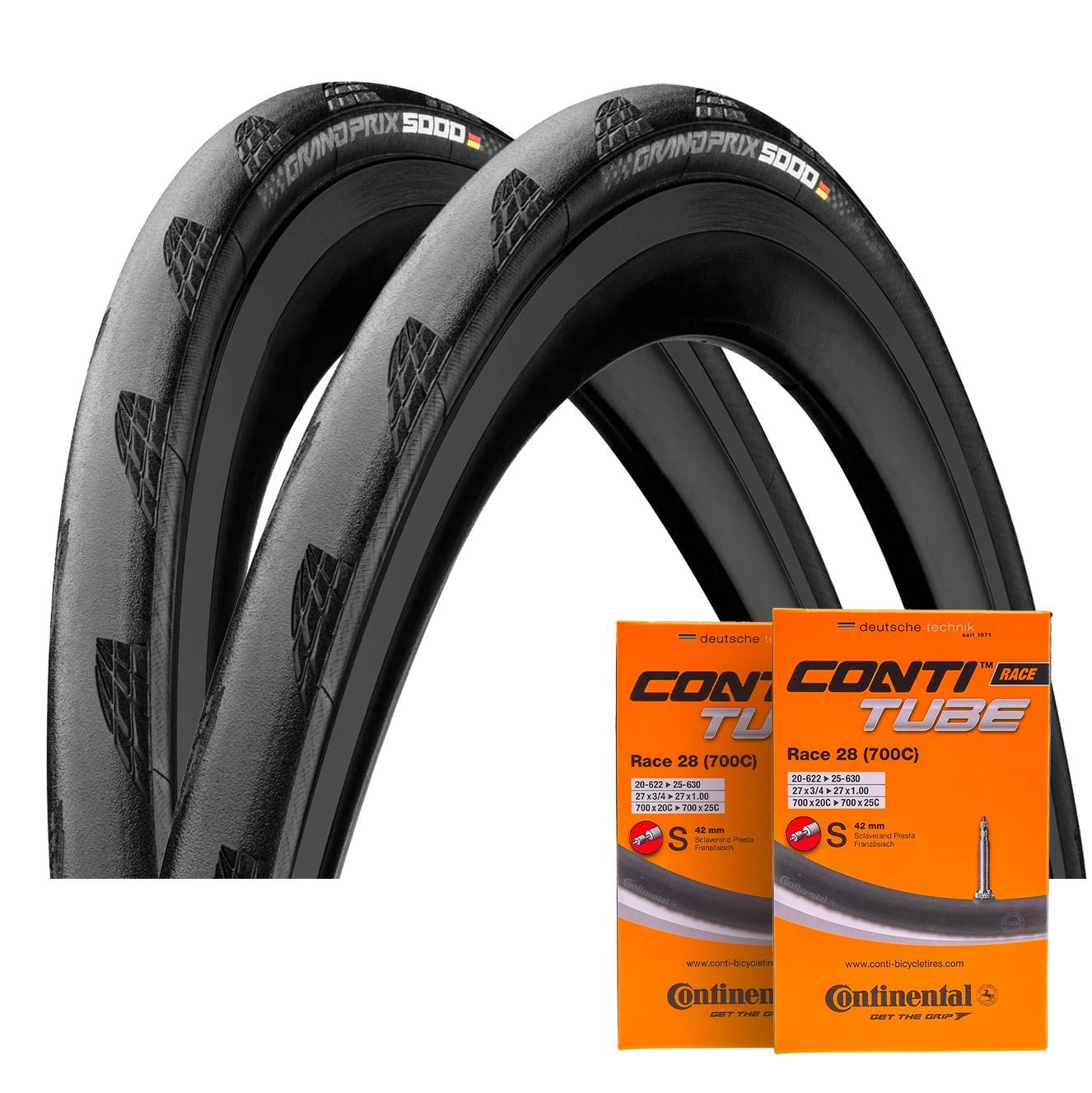 Coppia di pneumatici CONTINENTAL GRAND PRIX 5000 700x25c TubeType Soft Black + coppia di camere d'aria CONTINENTAL RACE 700x20/25c Presta 60 mm