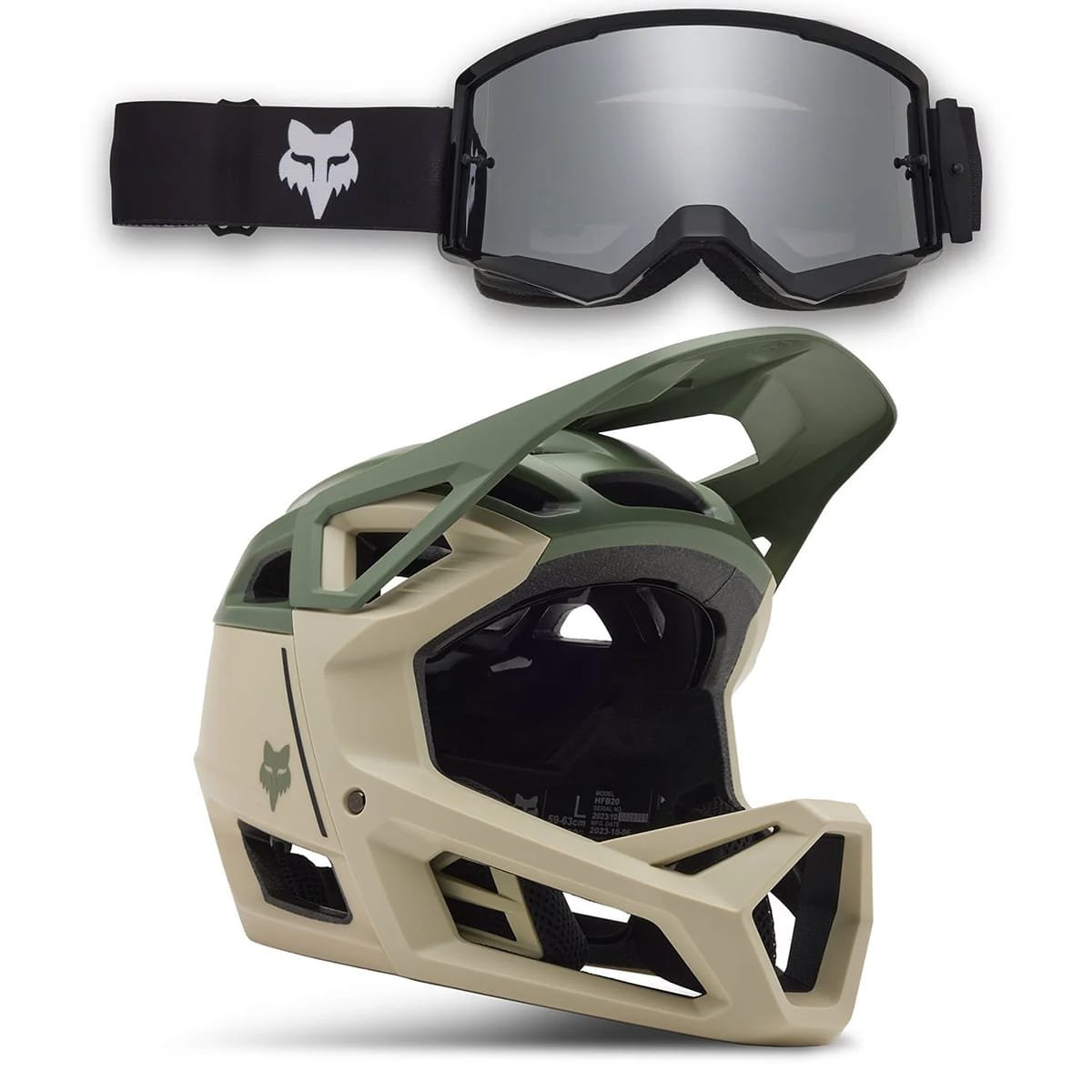 FOX Combo: Casco MTB PROFRAME CLYZO MIPS Beige/Verde + Maschera FOX MAIN CORE SPARK Nero 2024